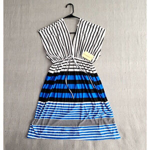 Cristina Love Deep V-Neck Geometric Striped Midi Dress Y2K Disco Boho